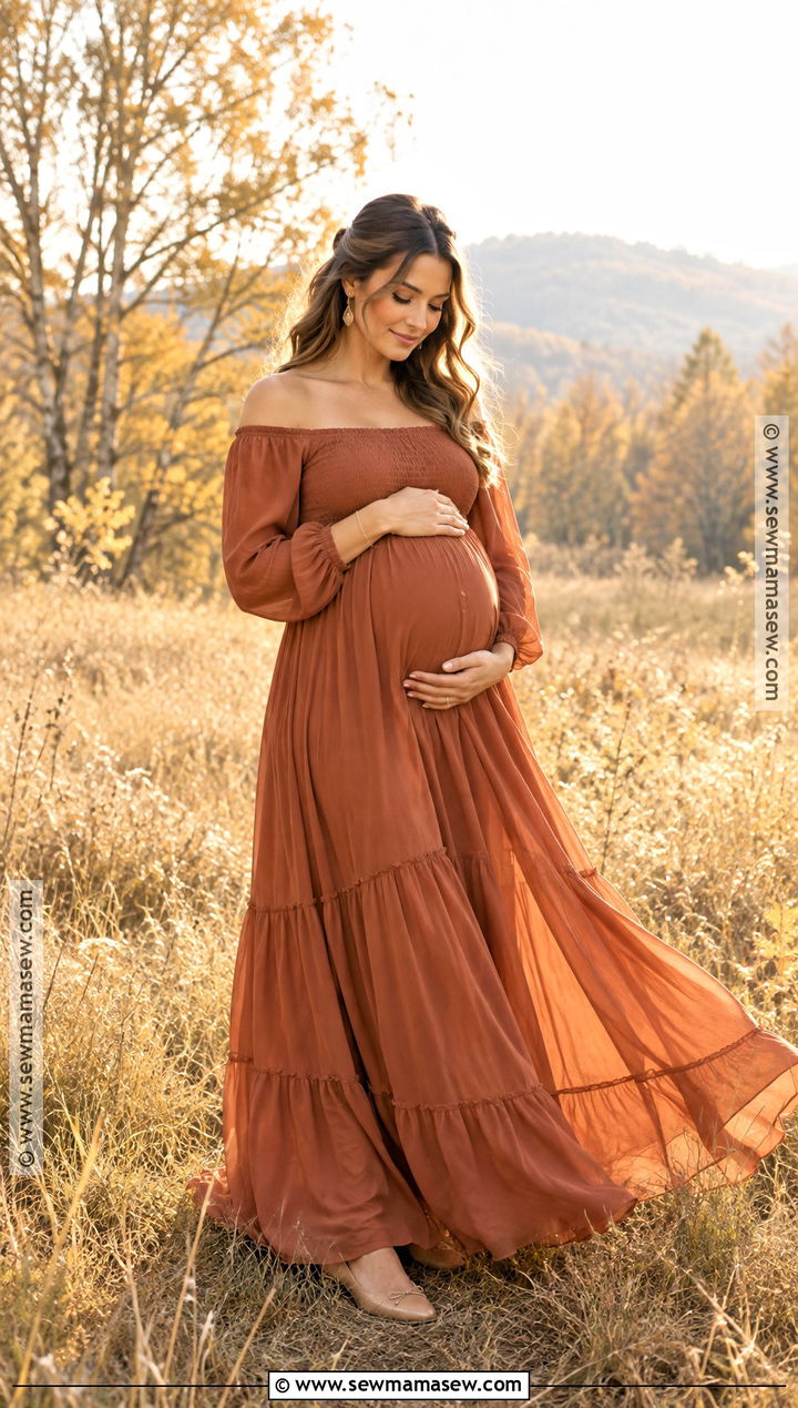 Terracotta Off Shoulder Dress Fall Photoshoot - 20 maternity fall outfits photoshoot