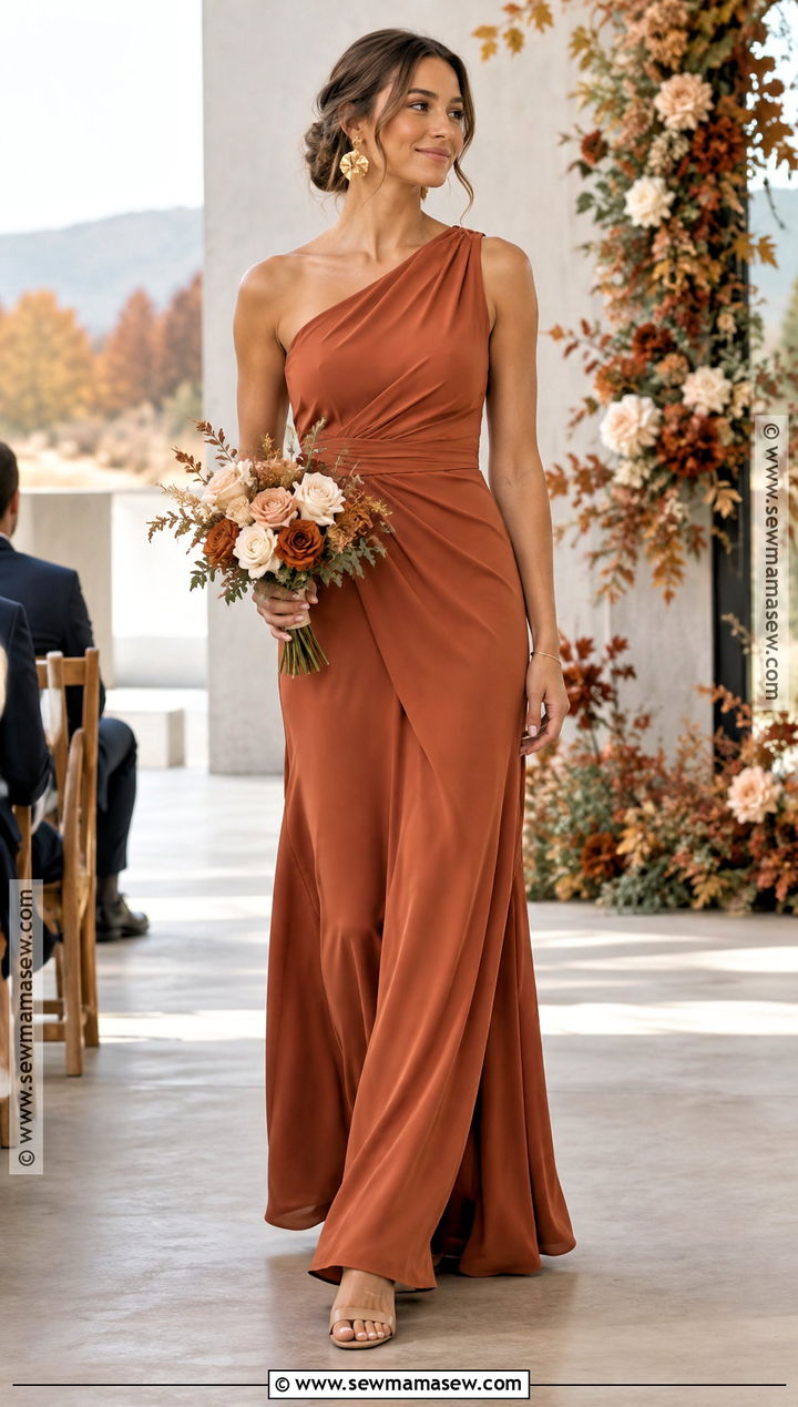 Terracotta One Shoulder Bridesmaid Dress - 20 fall color bridesmaid dresses