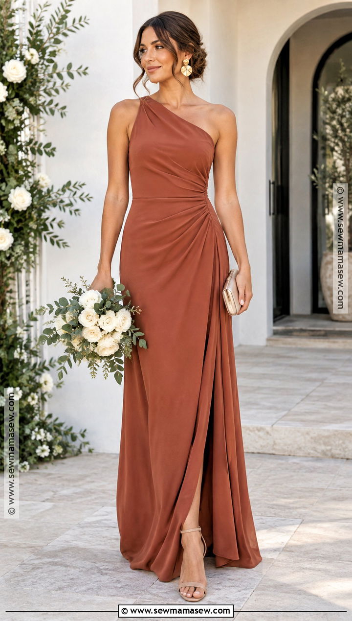 Terracotta One Shoulder Bridesmaid Dress - 15 Autumn Orange Bridesmaid Dresses