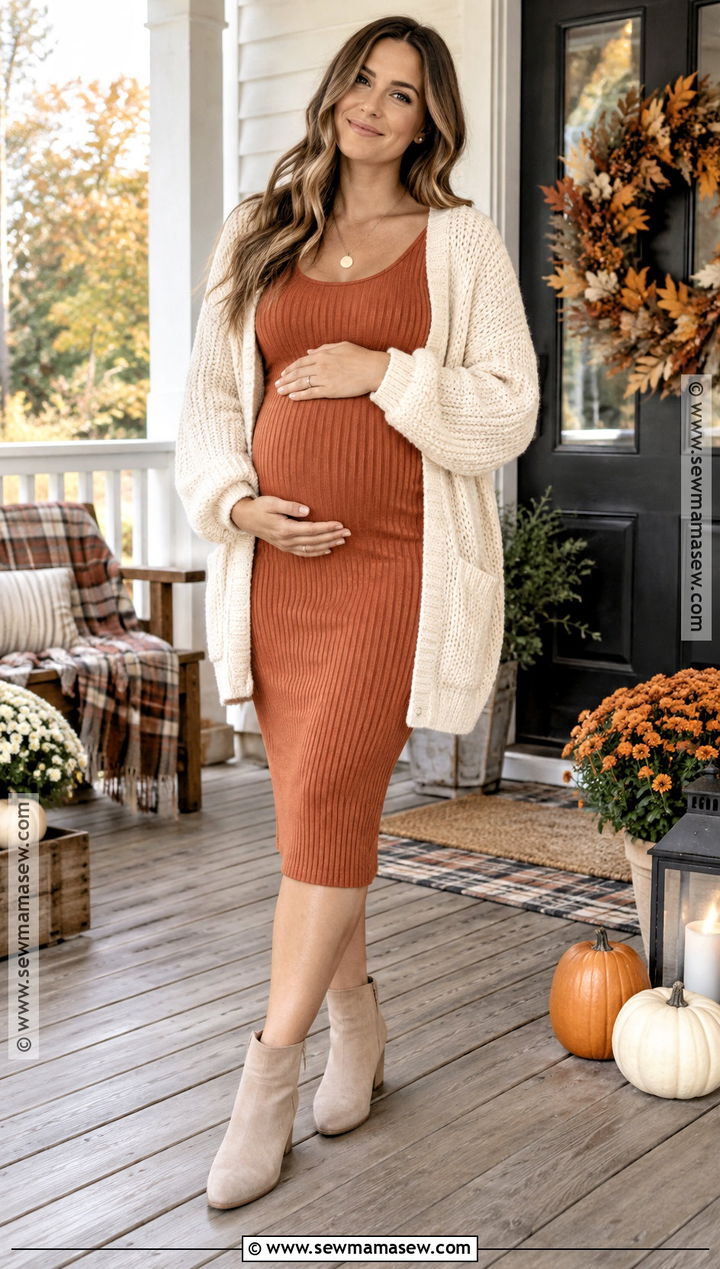 Terracotta Orange Dress With Cream Cardigan - 15 fall maternity photos orange dress ideas