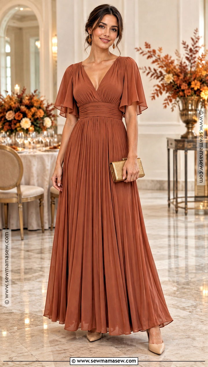 Terracotta Pleated Maxi Dress - 15 soft autumn formal dress ideas