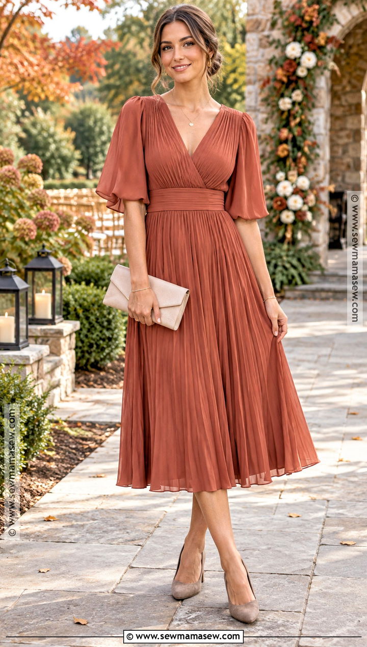 Terracotta Pleated Midi Bridesmaid Dress - 15 Fall Outdoor Wedding Bridesmaid Dresses