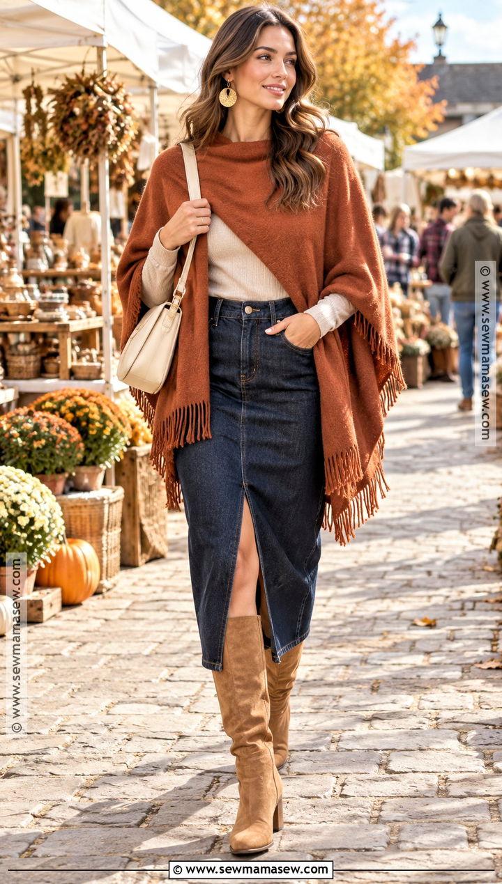 Terracotta Poncho With Denim Midi Skirt And Boots - 15 autumn color poncho ideas