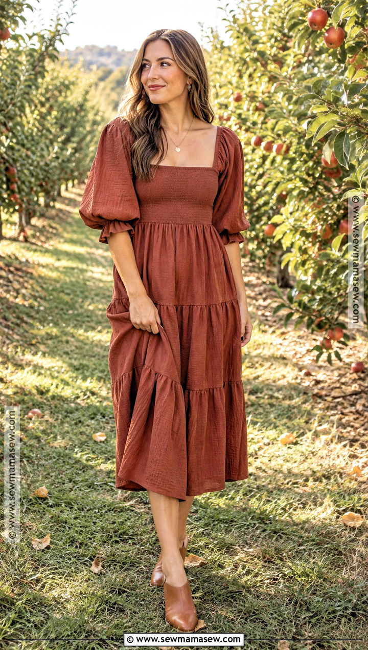 Terracotta Puff Sleeve Dress And Brown Mules For Fall Family Photos - 20 Fall Dress For Family Photos Ideas