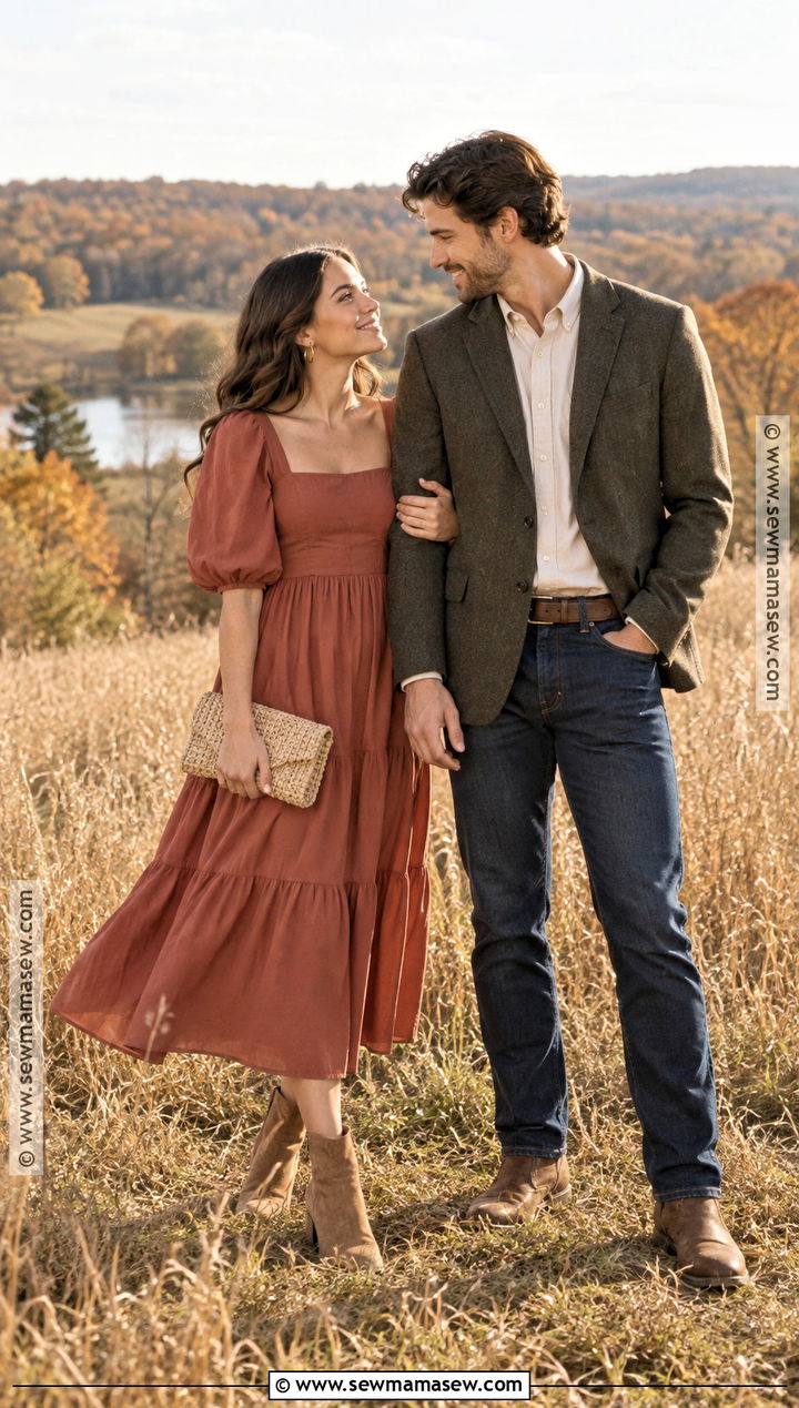 Terracotta Puff Sleeve Engagement Photo Dress - 15 engagement photos dress fall ideas