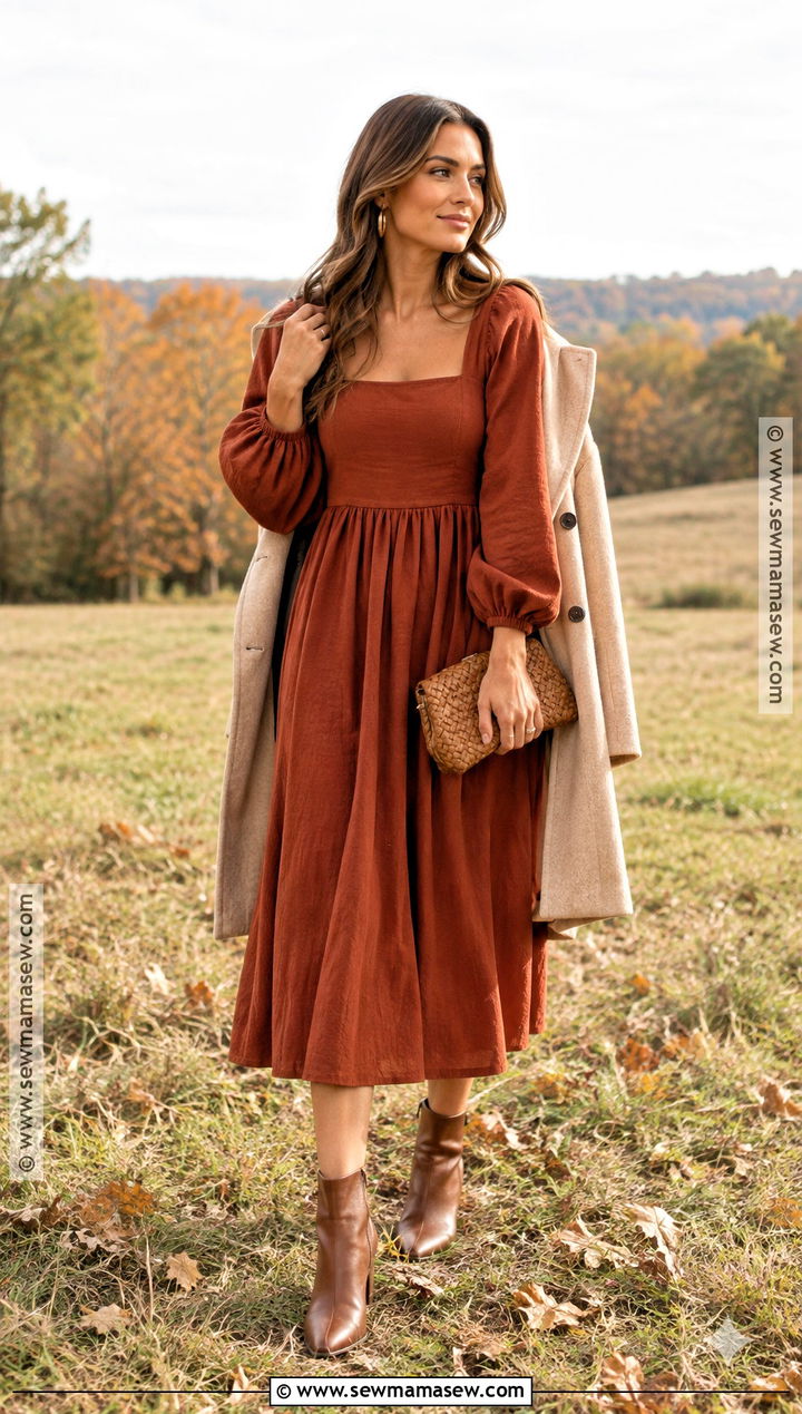 Terracotta Puff Sleeve Fall Engagement Dress - 20 fall engagement dress ideas