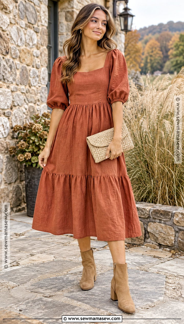 Terracotta Puff Sleeve Midi Dress Outfit - 20 fall dresses for family pictures