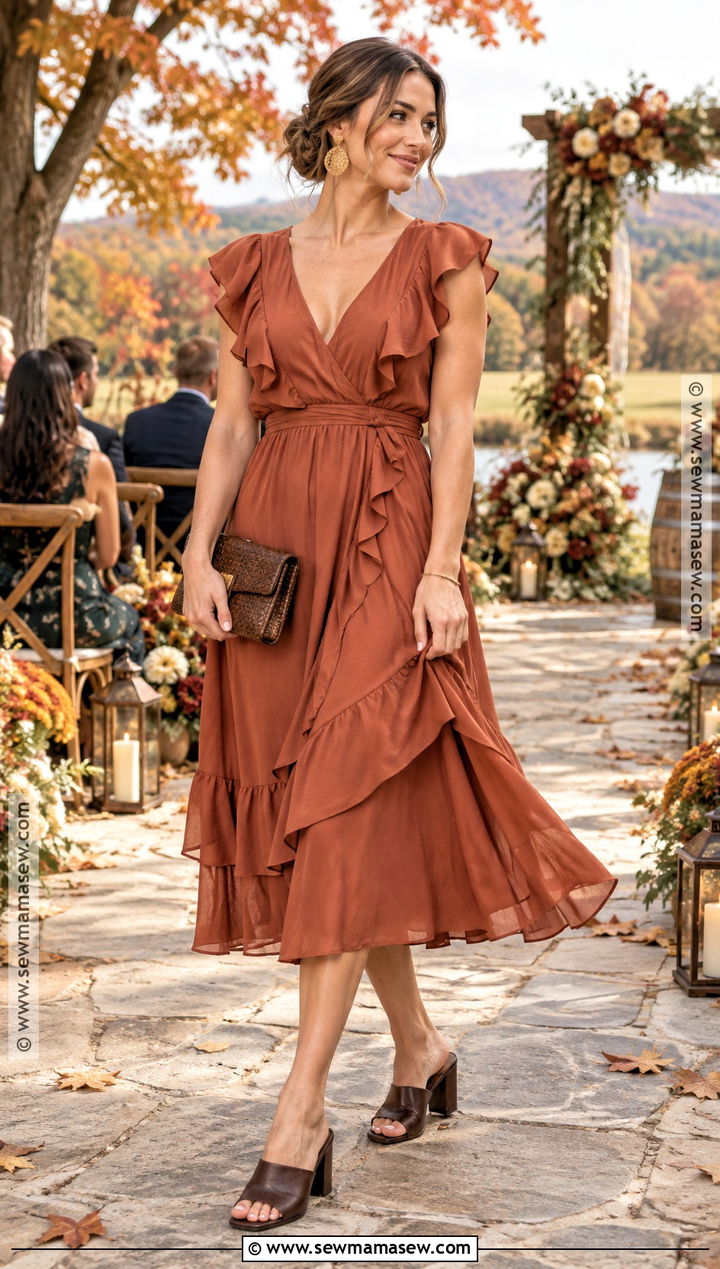 Terracotta Ruffle Midi Dress With Heeled Mules - 20 Fall Farm Wedding Guest Attire Ideas