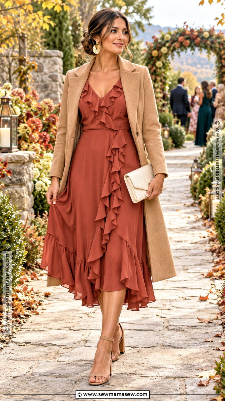 Terracotta Ruffle Midi Fall Wedding Guest Dress - 20 fall dress wedding guest ideas