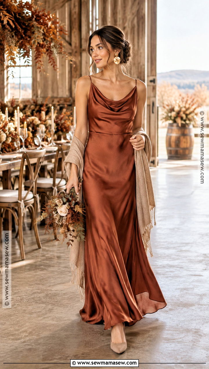 Terracotta Satin Boho Bridesmaid Dress - 15 Fall Boho Bridesmaid Dress Ideas