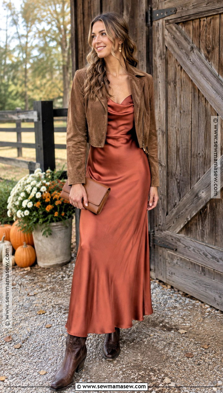 Terracotta Satin Western Bridesmaid Dress With Brown Boots - 15 Western Fall Bridesmaid Dresses
