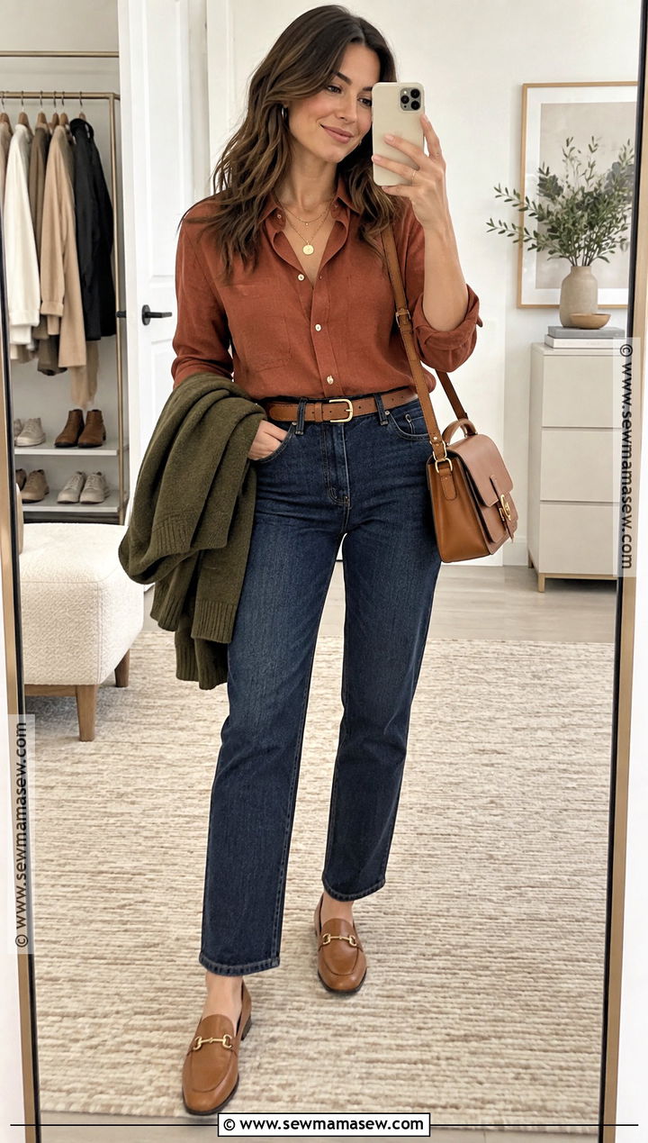 Terracotta Shirt And Dark Denim Outfit - 20 House Of Colour Autumn Outfits