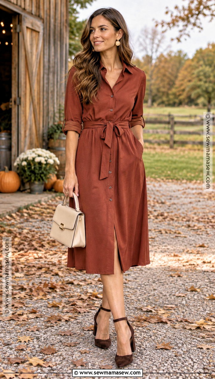 Terracotta Shirt Dress Fall Wedding Guest Outfit - 20 fall wedding guest outfit casual ideas