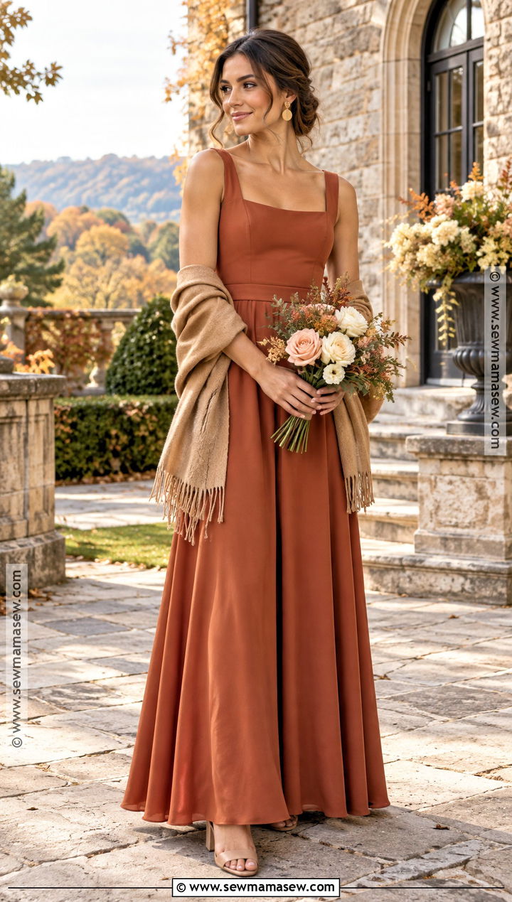 Terracotta Square Neck Fall Bridesmaid Dress - 25 fall wedding bridesmaid dresses