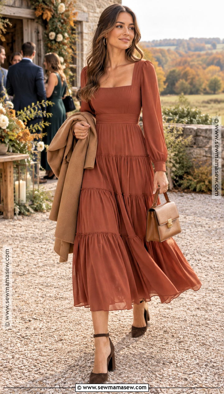 Terracotta Tiered Autumn Wedding Guest Dress - 25 autumn wedding guest dress ideas