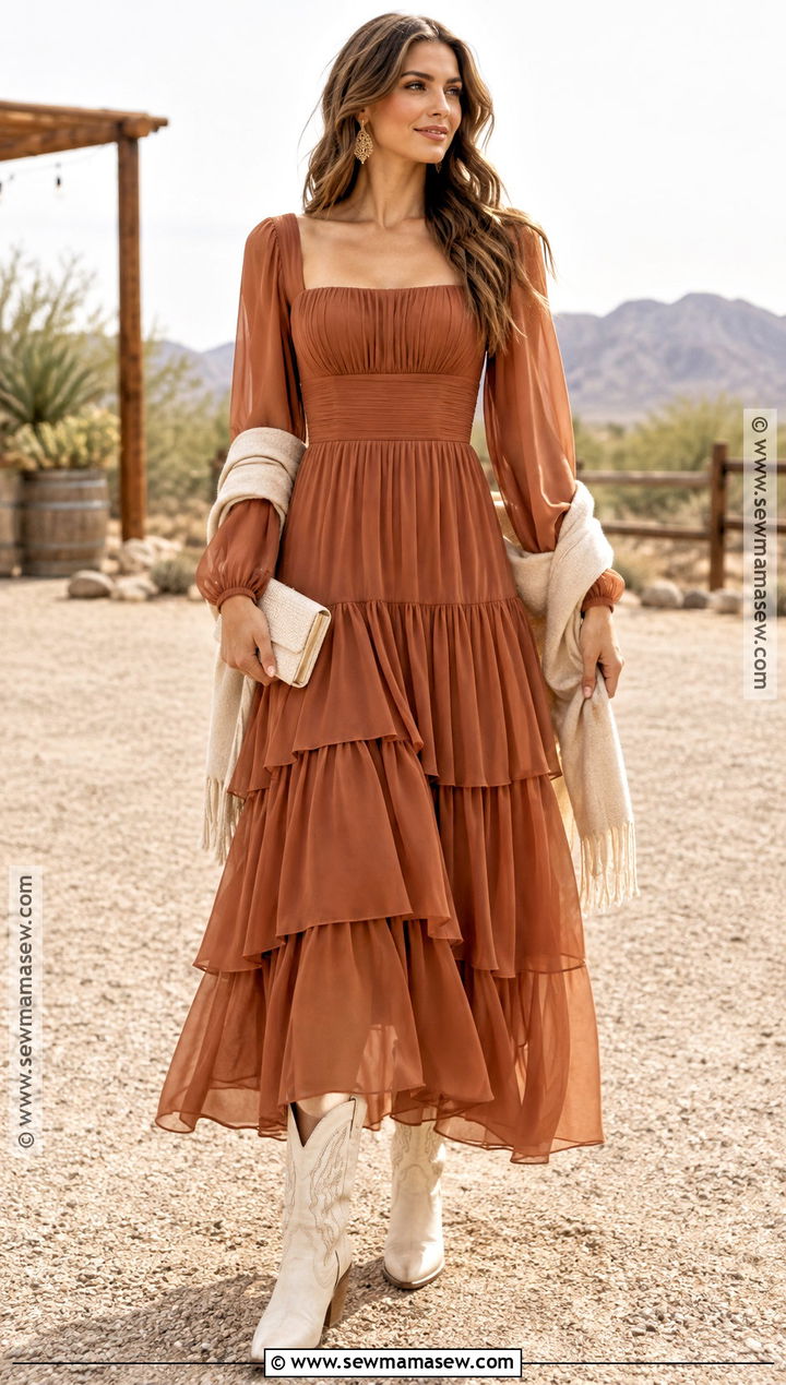Terracotta Tiered Dress With Ivory Fall Wedding Cowboy Boots - 15 Fall Wedding Cowboy Boots