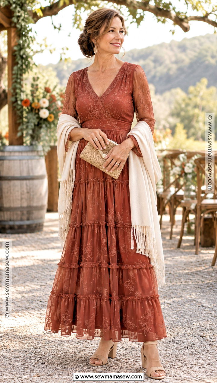 Terracotta Tiered Fall Boho Mother Of The Bride Dress - 15 Fall Mother Of The Bride Dresses Boho