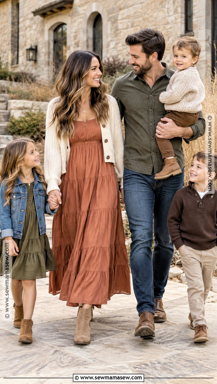 Terracotta Tiered Maxi Dress With Ankle Boots - 15 fall family picture dress ideas