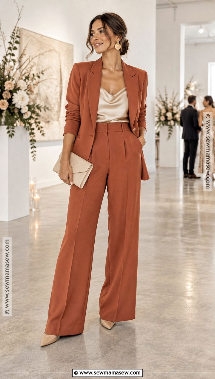 Terracotta Trouser Suit For A September Wedding - 15 September Wedding Attire For Guest Ideas