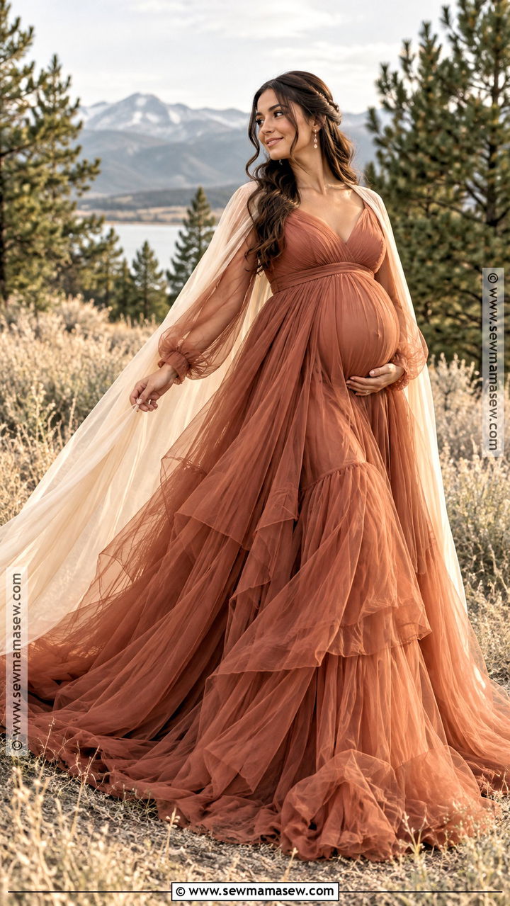 Terracotta Tulle Gown and Cape Maternity Photoshoot Outfit - 20 November Maternity Photoshoot Outfits