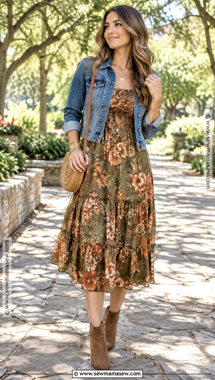 Texas Fall Floral Dress And Denim Jacket Outfit - 25 texas fall outfits
