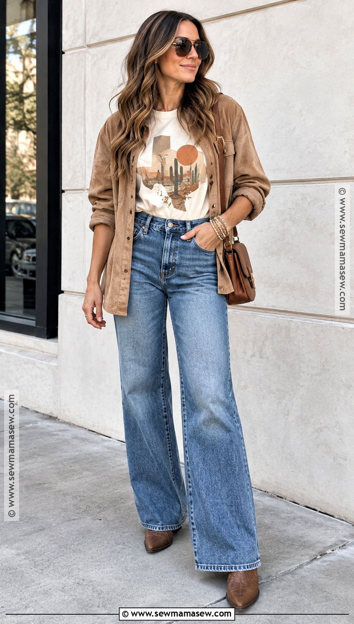 Texas Fall Graphic Tee And Wide Leg Jeans Outfit - 25 texas fall outfits