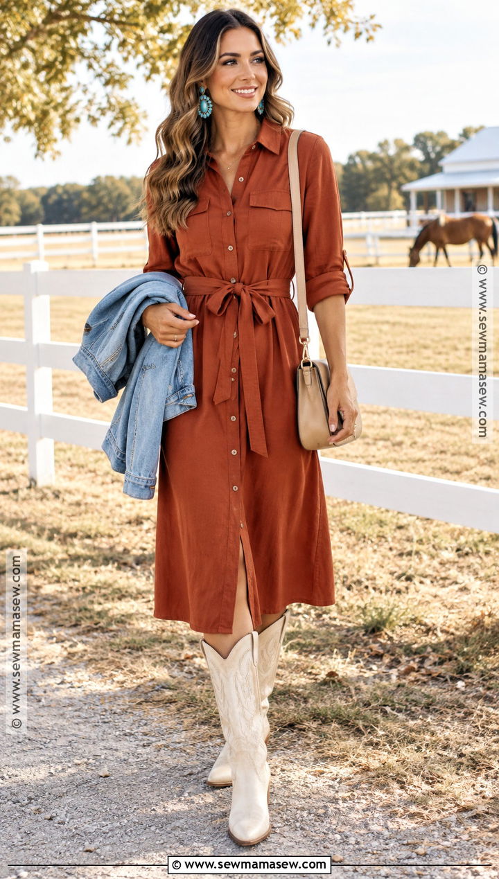 Texas Fall Rust Shirt Dress And Cowboy Boots Outfit - 25 texas fall outfits