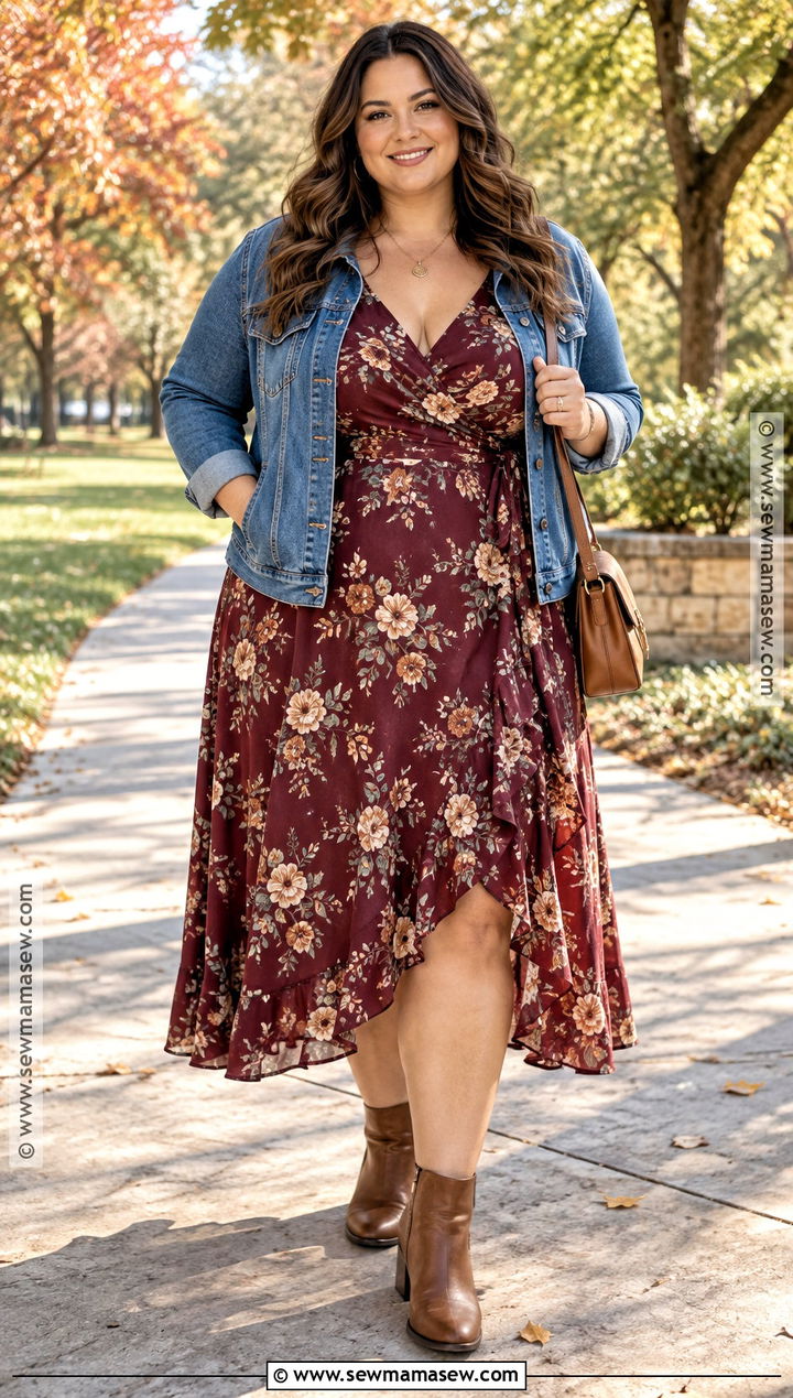 Texas Fall Wrap Dress And Denim Jacket Outfit - 25 texas fall outfits