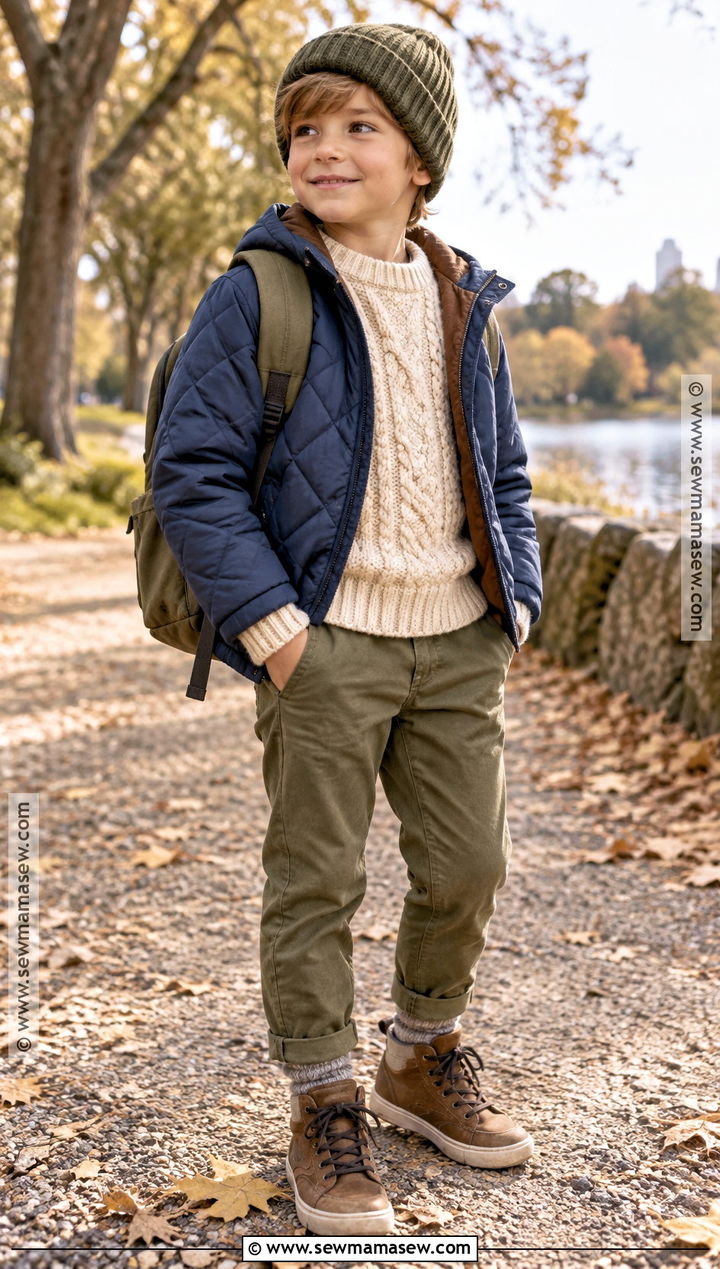 Textured Knit Sweater With Quilted Jacket And Chinos - 15 kids knitwear fall fashion ideas