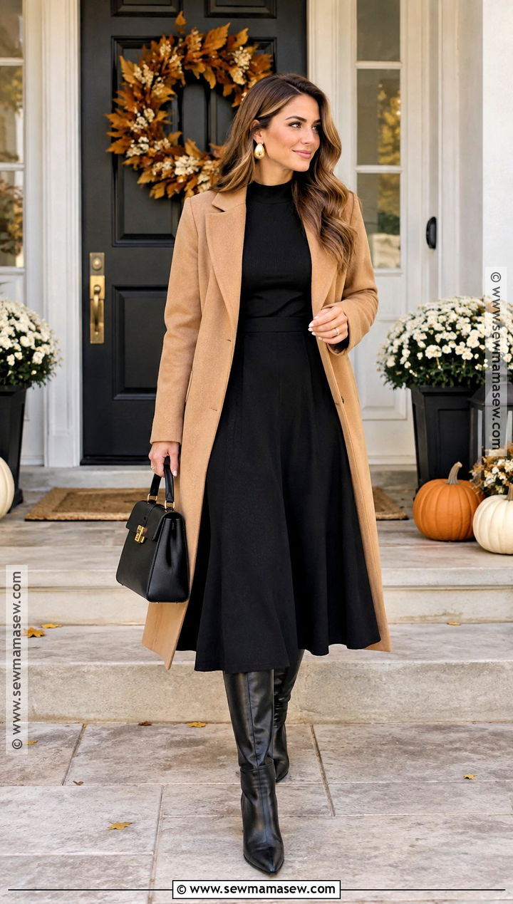 Thanksgiving Black Midi Dress And Camel Coat Outfit - 20 thanksgiving outfit ideas for women
