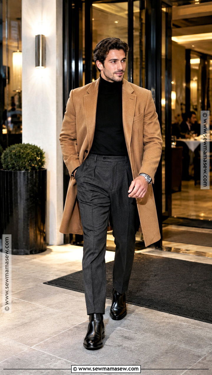 Thanksgiving Black Turtleneck With Charcoal Trousers - 15 thanksgiving mens outfit ideas