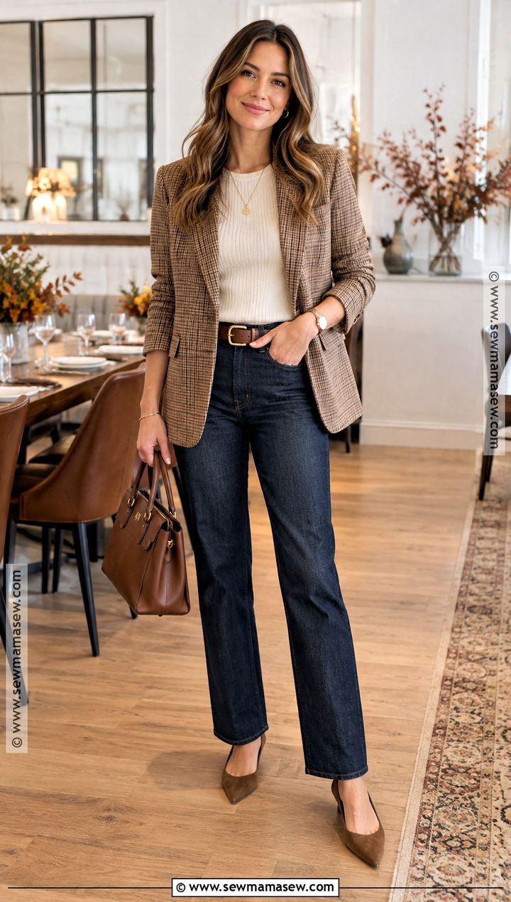 Thanksgiving Blazer With Knit Top And Straight Jeans - 20 Cute Outfits For Thanksgiving