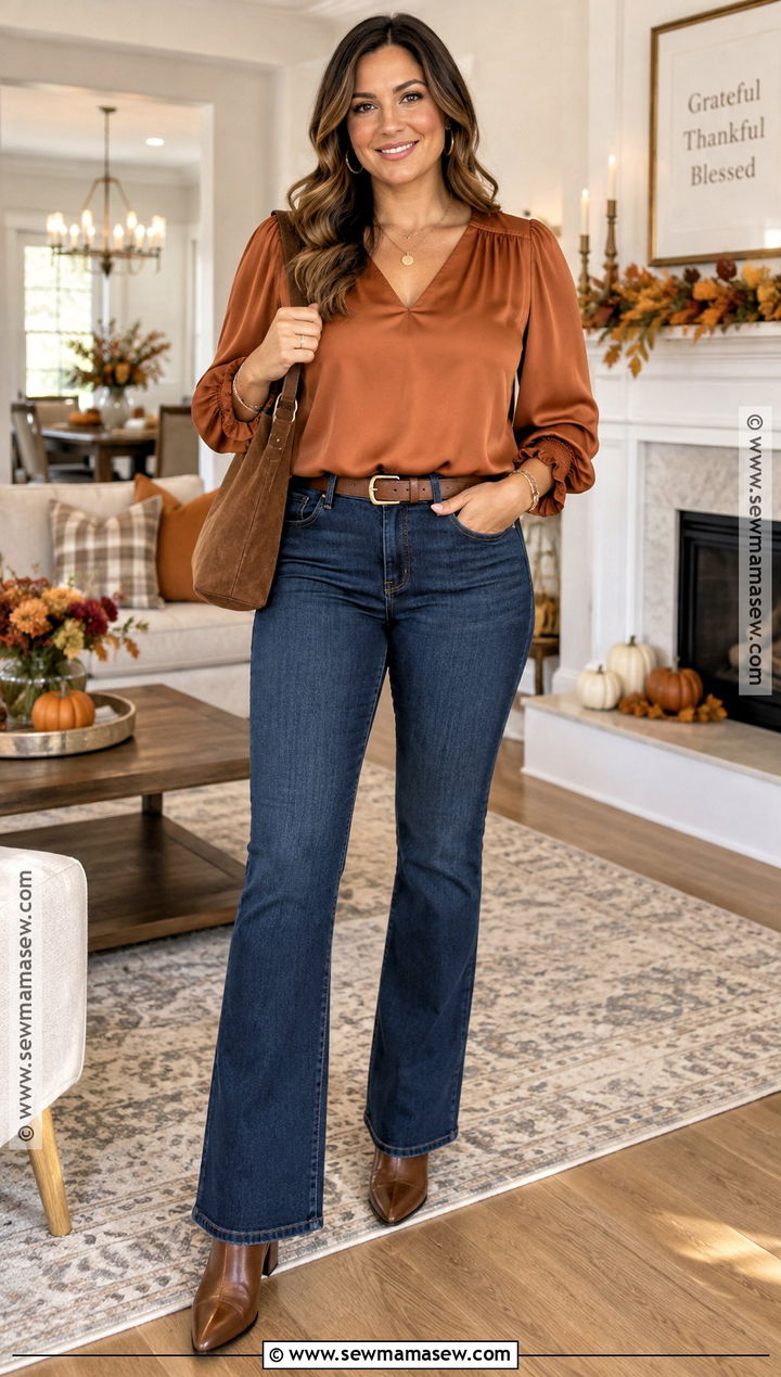Thanksgiving Blouse And Dark Wash Jeans - 20 fall outfits thanksgiving