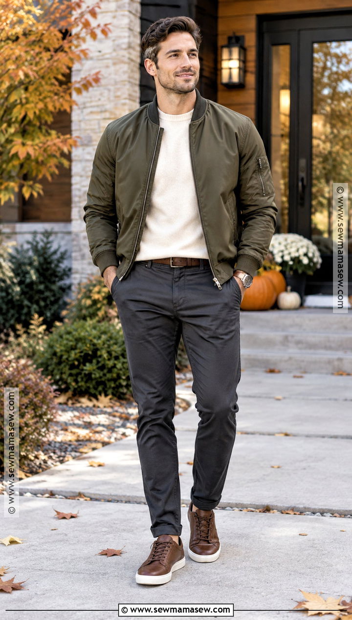 Thanksgiving Bomber Jacket Outfit With Chinos - 15 Thanksgiving Outfit Men Fall Ideas