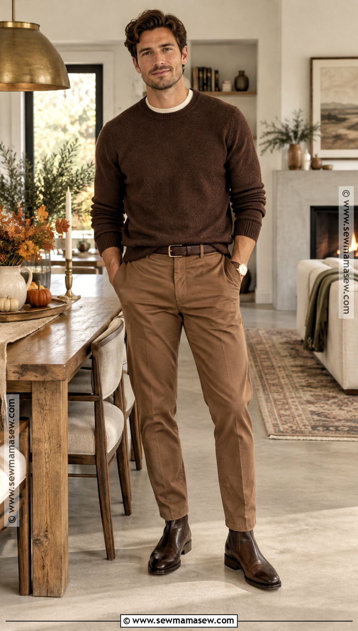 Thanksgiving Brown Sweater With Matching Trousers - 15 thanksgiving mens outfit ideas