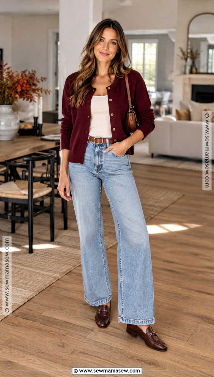 Thanksgiving Burgundy Cardigan And Wide Leg Jeans Outfit - 20 Thanksgiving Outfits Jeans