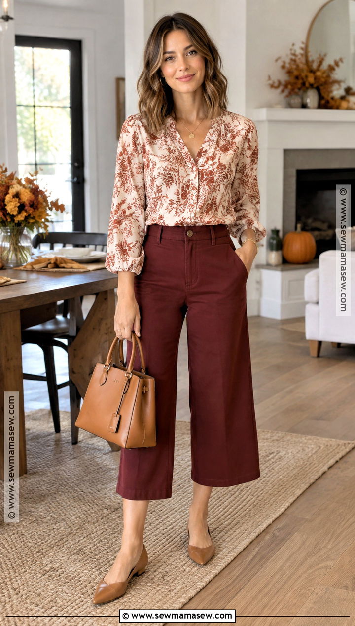 Thanksgiving Burgundy Culottes And Printed Top Outfit - 20 thanksgiving outfit warm weather ideas