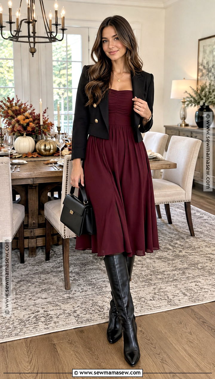 Thanksgiving Burgundy Dress With Black Boots - 20 Thanksgiving Outfit With Boots