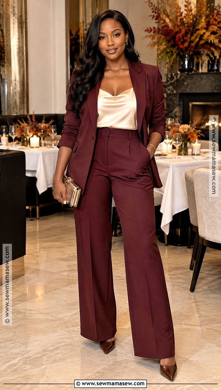 Thanksgiving Burgundy Suit and Camisole Outfit - 25 thanksgiving outfit ideas for black women