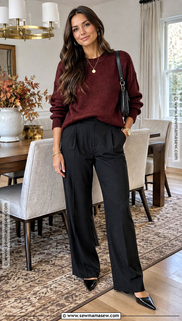 Thanksgiving Burgundy Sweater And Black Trousers Outfit - 30 thanksgiving outfit ideas