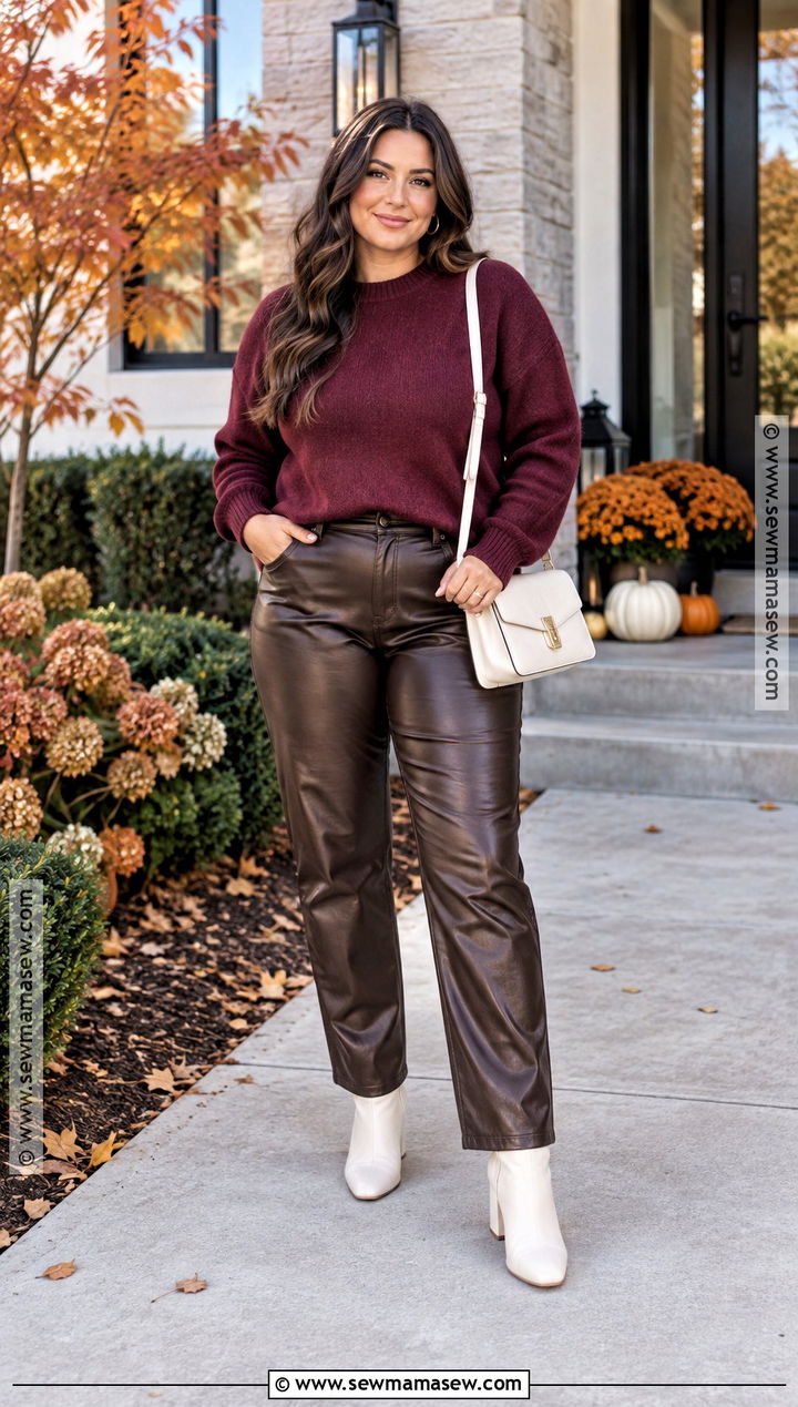 Thanksgiving Burgundy Sweater With Leather Pants And White Boots - 15 thanksgiving outfit with white boots