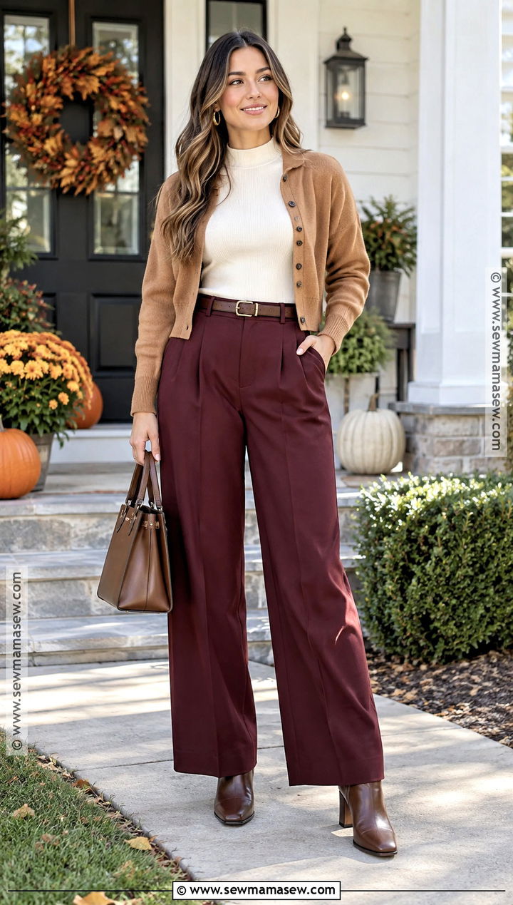 Thanksgiving Burgundy Trousers And Cardigan Outfit - 20 Thanksgiving Outfit Cold Ideas