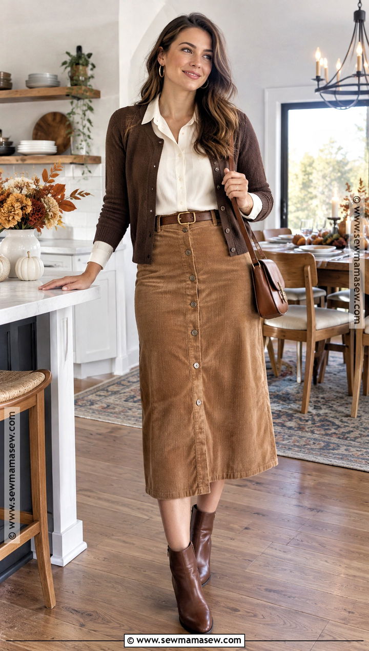 Thanksgiving Button Front Skirt Outfit - 25 thanksgiving outfit skirt ideas