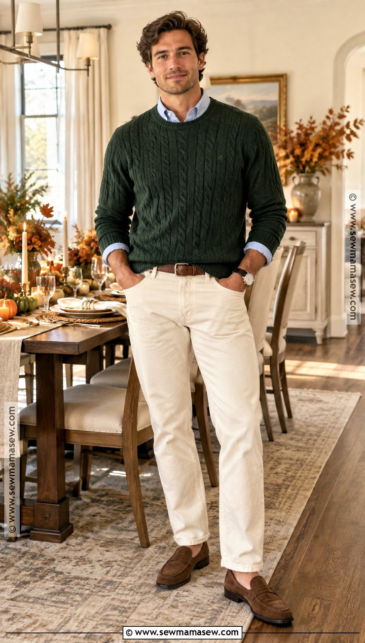 Thanksgiving Cable Knit Sweater With Ecru Jeans - 15 thanksgiving mens outfit ideas