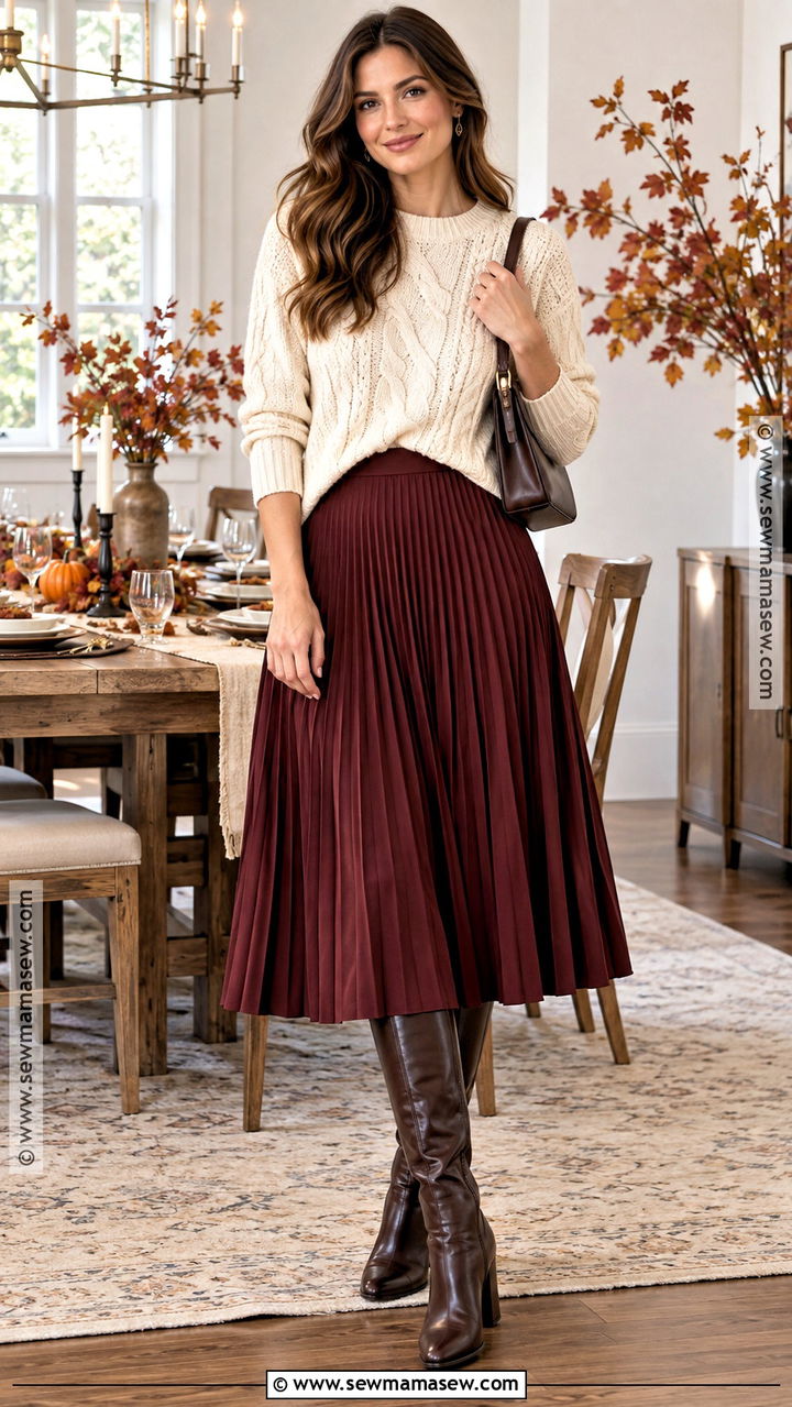 Thanksgiving Cable Knit Sweater With Midi Skirt - 20 Comfortable Thanksgiving Outfits for Women
