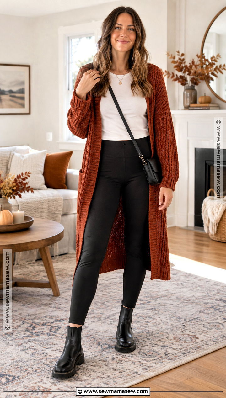 Thanksgiving Cardigan And Black Leggings Outfit - 15 cute and comfy thanksgiving outfits