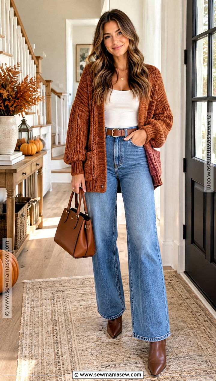Thanksgiving Cardigan And Wide Leg Jeans Outfit - 25 cozy thanksgiving outfit ideas