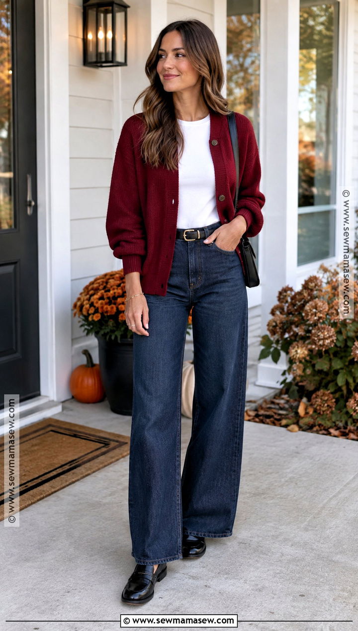 Thanksgiving Cardigan And Wide Leg Jeans Outfit - 25 Simple Thanksgiving Outfits