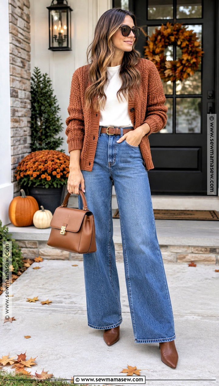 Thanksgiving Cardigan And Wide Leg Jeans Outfit - 25 Trendy Thanksgiving Outfits