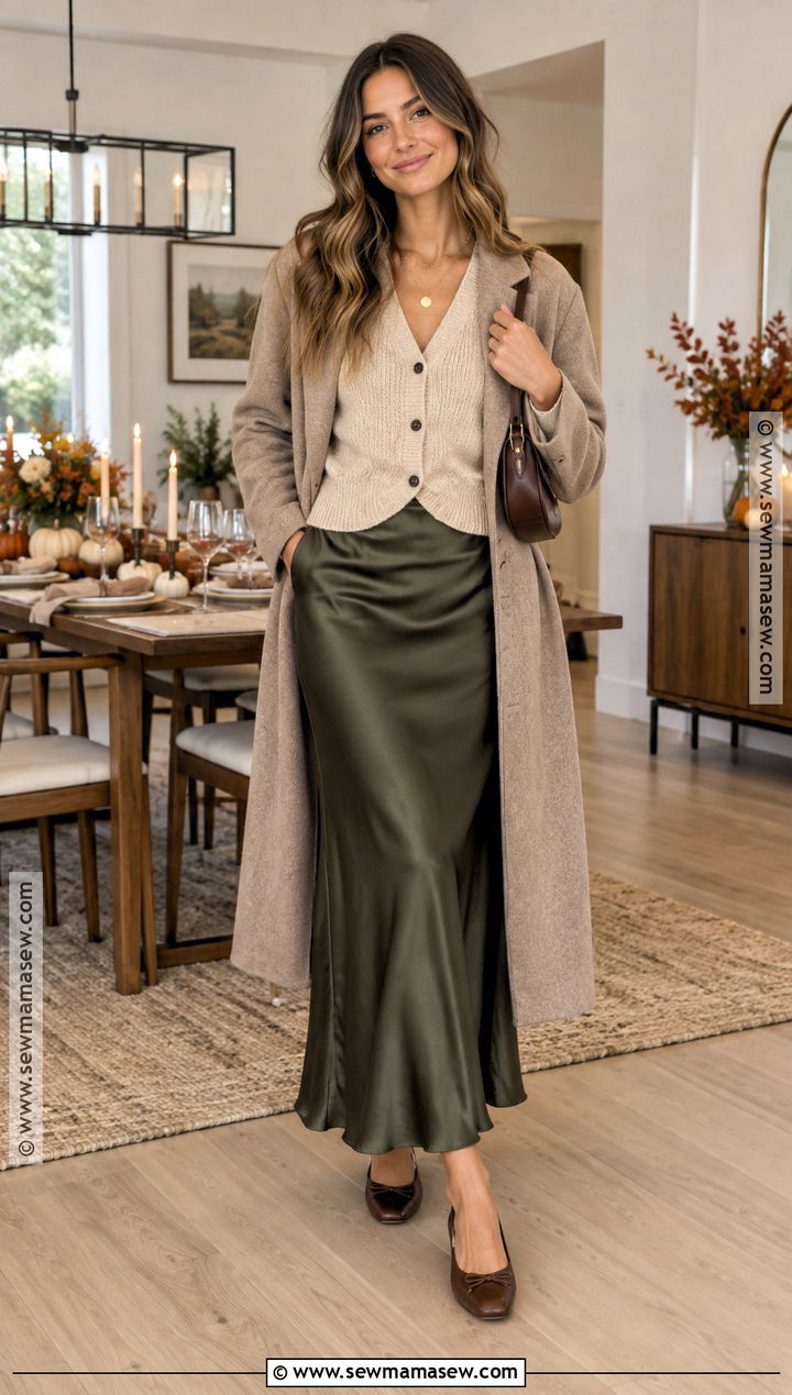 Thanksgiving Cardigan Outfit With A Slip Skirt - 15 Outfit Ideas For Thanksgiving Day